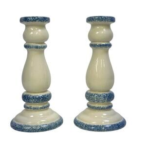 Wang's International Vintage Ceramic Spongeware Candleholders-Set of 2